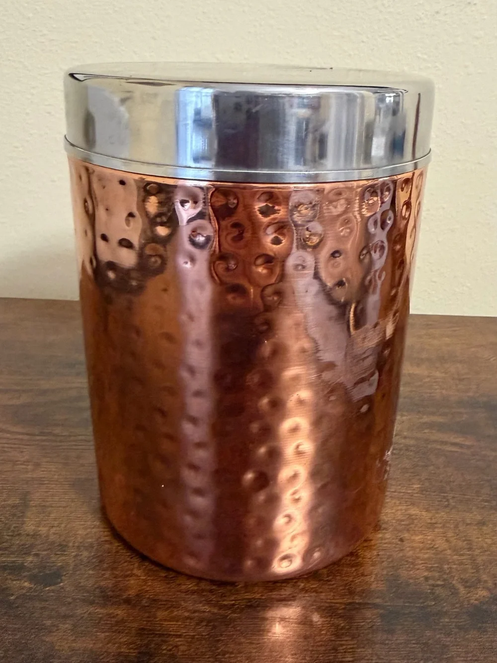 Hammered Copper Like Storage Canister with Silver Lid - Kitchen Coffee Accessory